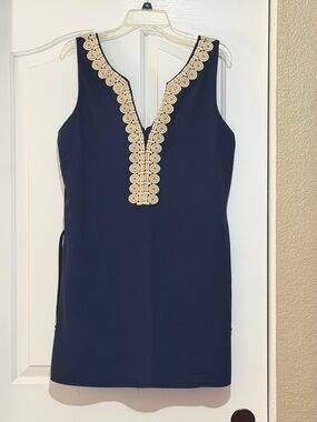 Lilly Pulitzer Sleeveless Navy Shift Dress/Romper with Gold Embroidered V-Neck.